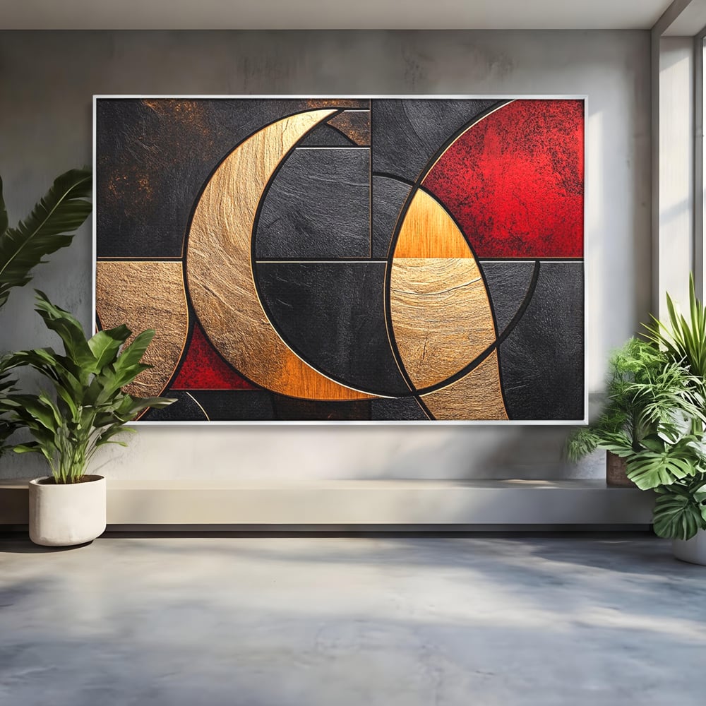 Tablou canvas cu tablou canvas cu forme geometrice aurii si rosii, in rama de aluminiu argintiu
